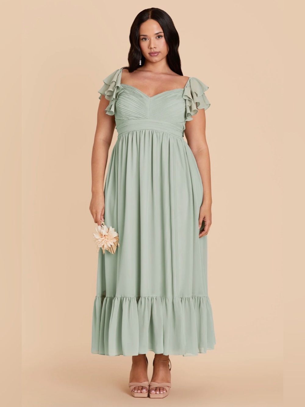 Michelle Bridesmaid Dress - Sage Green Chiffon Ruffle Dress - Birdy Grey